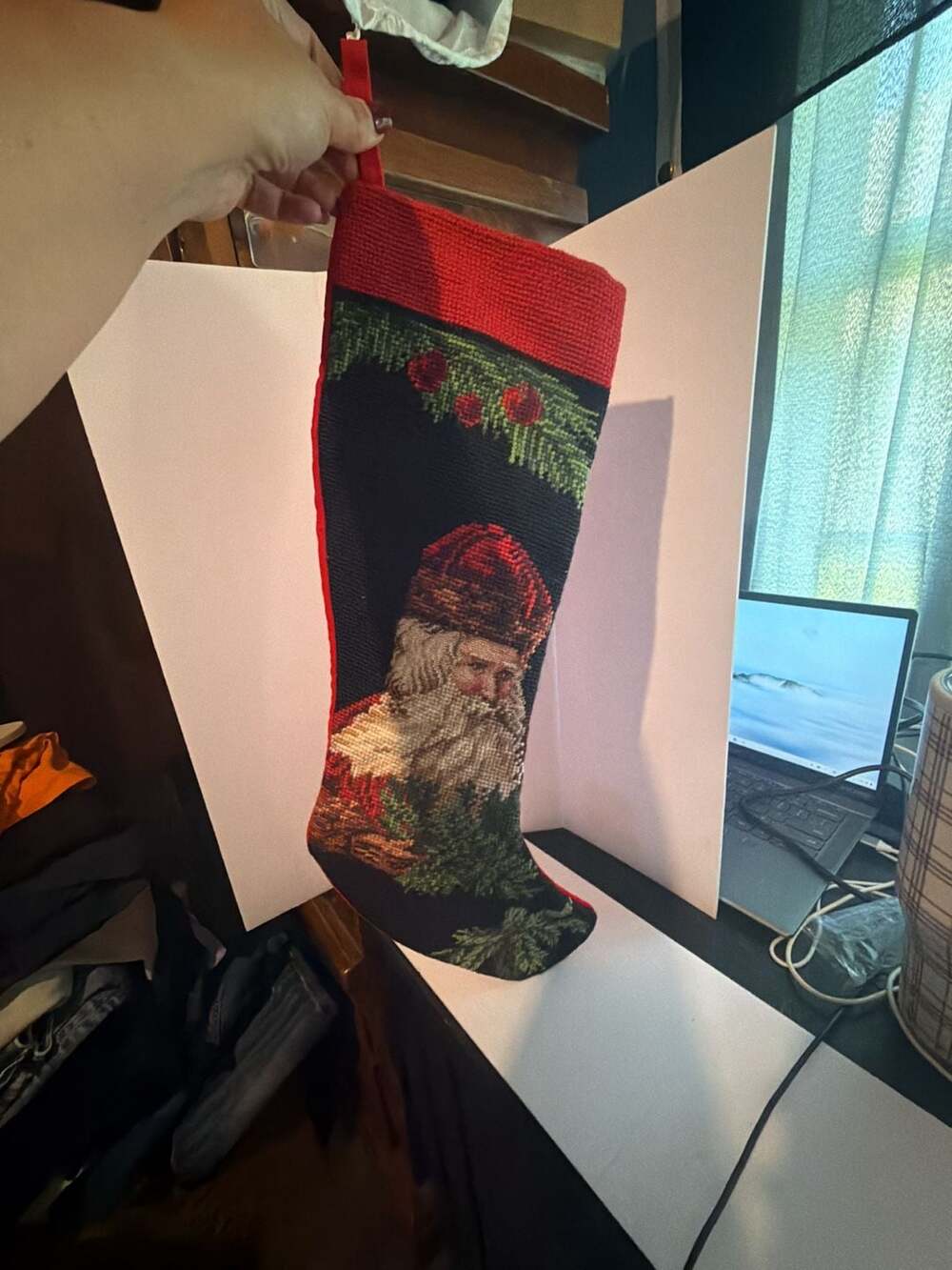 Vintage Needlepoint Wool Christmas Stocking Santa Claus Old World Red Blue